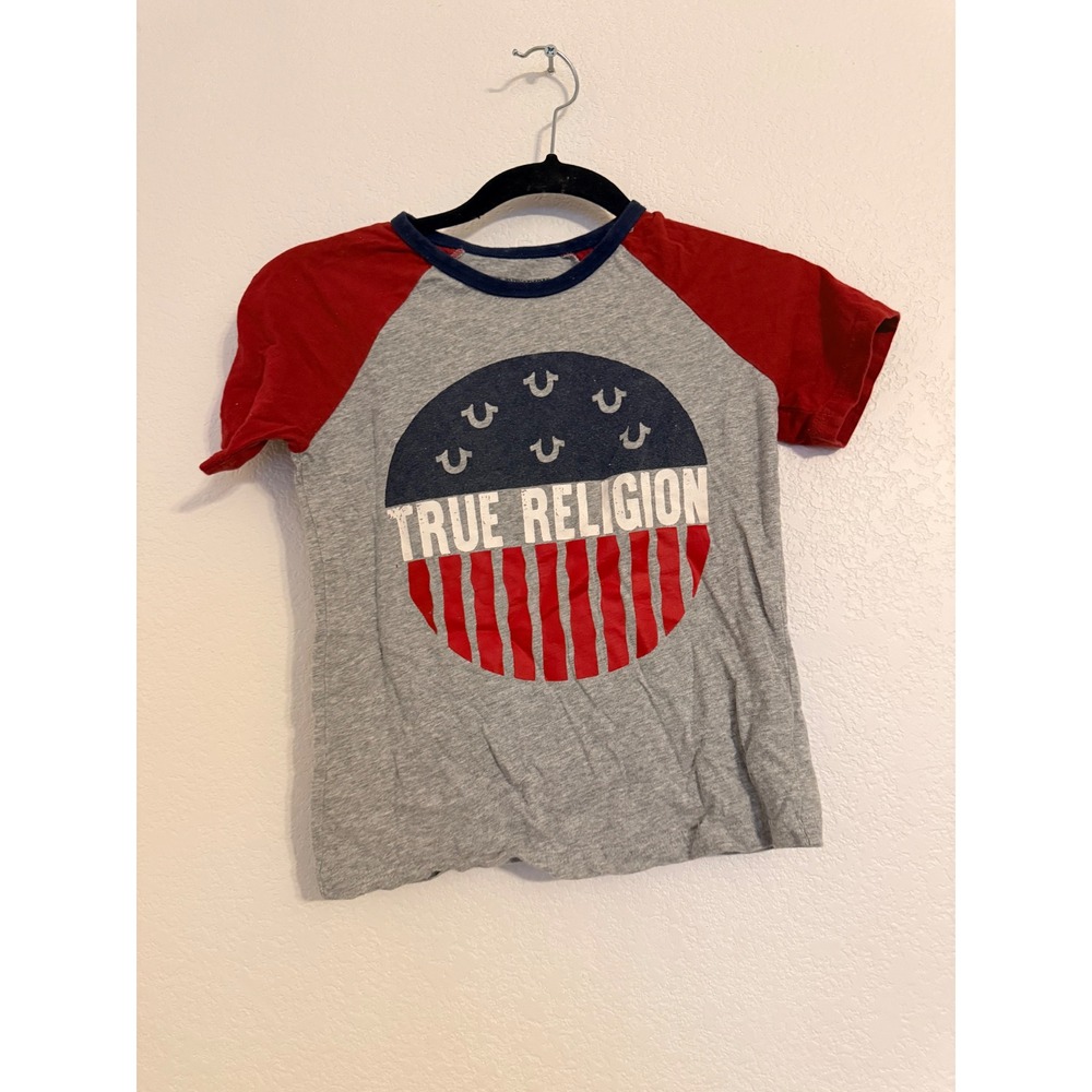 Kids True Religion Graphic T Shirt Red Sleeve Gray Flag Design Size‎ Youth 7